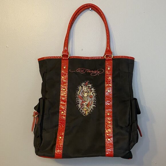 Ed Hardy Nylon Red and Black Mermaid Shoulder Tote Bag - Picture 1 of 12